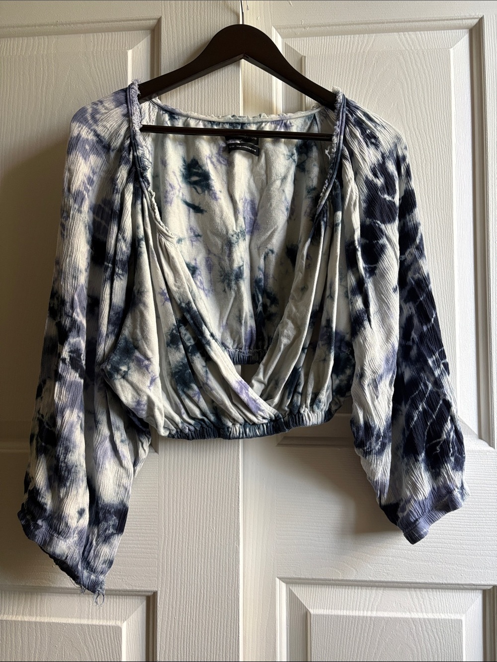 Urban Outfitters Blue & White Tie-Dye Cropped Wrap Blouse